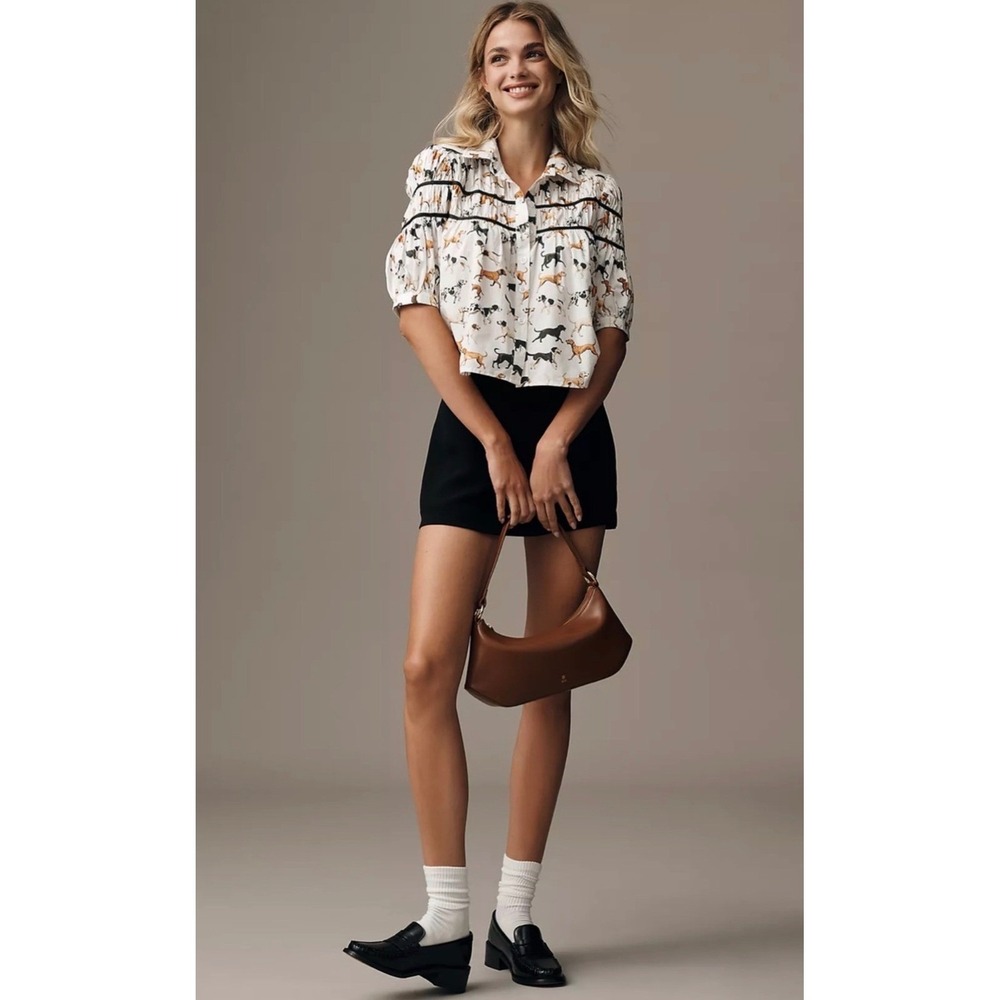 Anthropologie Maeve The Leandra Shirred Yoke Cotton Dog Print Puff Sleeve Blouse - Picture 5 of 7